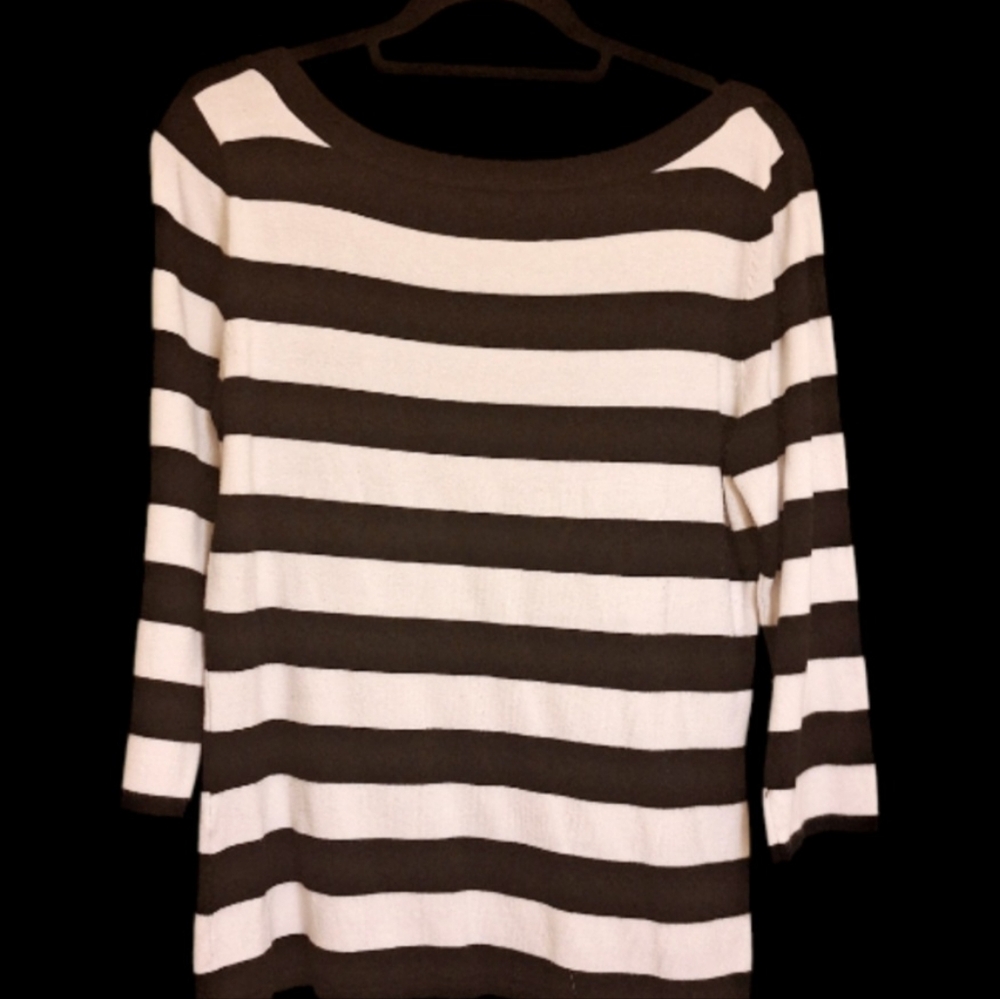 ❤️Venini Sweater SZ XL Black White Pink Pull-Over Striped Top Floral 3/4 Sleeved - Picture 2 of 12